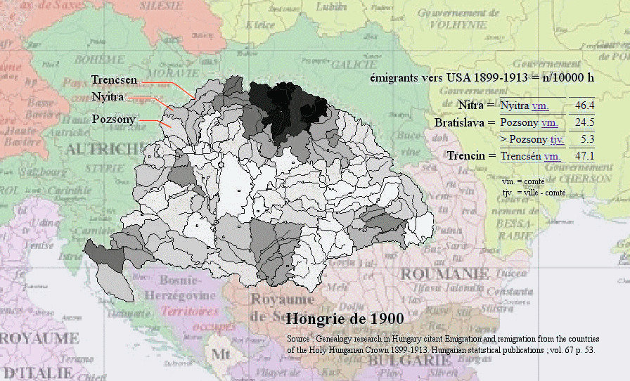 Carte de l'émigration hongroise 1899-1913