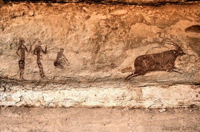 Scène de chasse à l'antilope - fresques de Jabbaren, Tassili n'Ajjer Tassili n'Ajjer : Jabbaren, scène de chasse à l'antilope