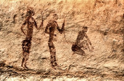 Scène de chasse à l'antilope (détail) - fresques de Jabbaren, Tassili n'Ajjer Tassili n'Ajjer : Jabbaren, scène de chasse à l'antilope - 2